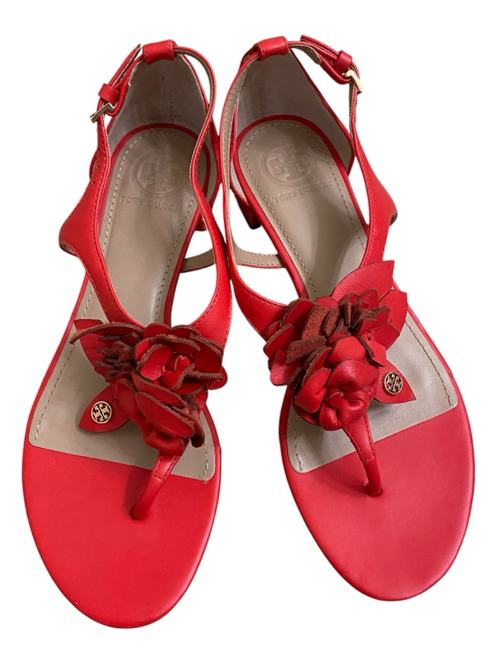Tory Burch Red Floral Leather Thong Sandals with Gold Logo